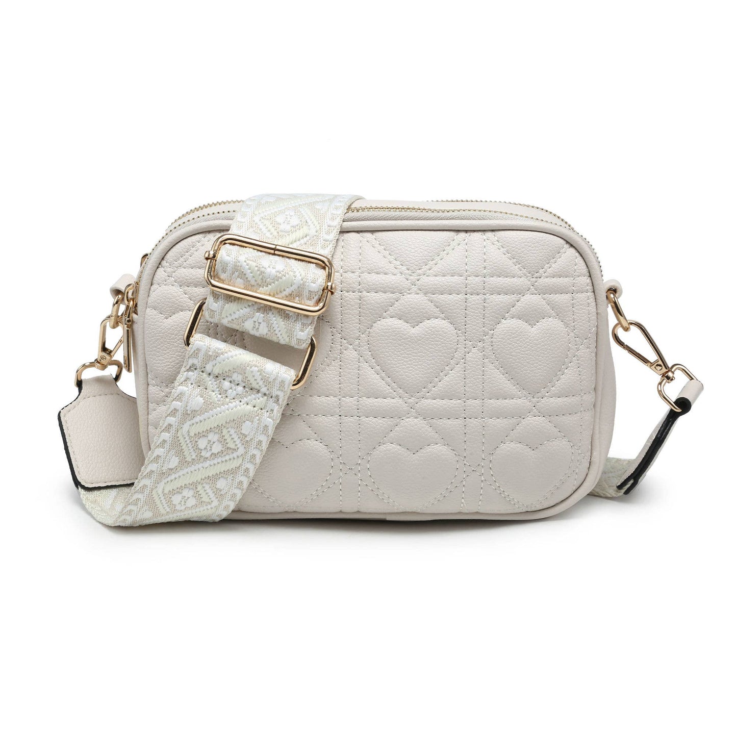 Quited Heart Pattern Double Sections Cross Body Bag: Beige