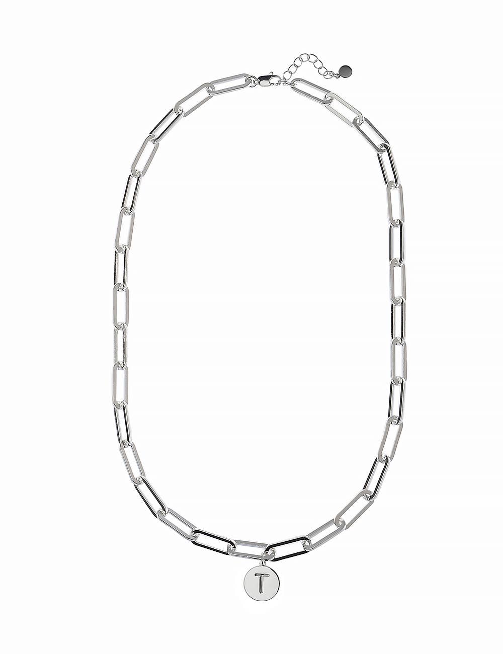 Oceanic Jewellers - Majique London - Shiny Silver Link Necklace With Disc Initial: Silver / D