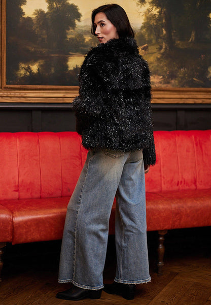 ANGELEYE - Faux Fur Glittery Short Coat In Black: L