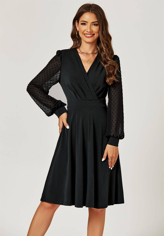 FS Collection - Long Chiffon Sleeve Pleated Midi Dress In Black: XL