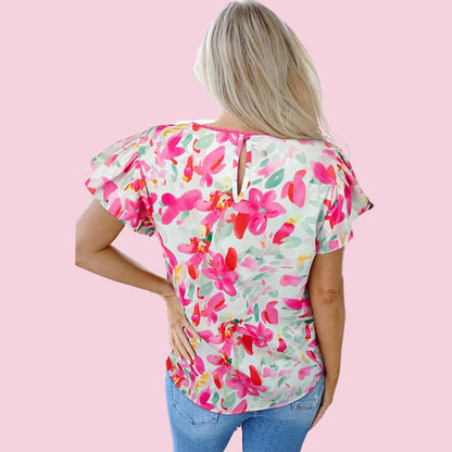 MUWATI - Floral Print Flutter Sleeve Round Neck Casual Blouse: Rose / S