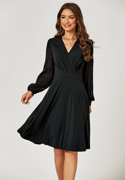 FS Collection - Long Chiffon Sleeve Pleated Midi Dress In Black: S