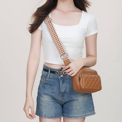 Superbia - Small Double Zipper Quilted Cross Body Shoulder Canvas Strap: Beige