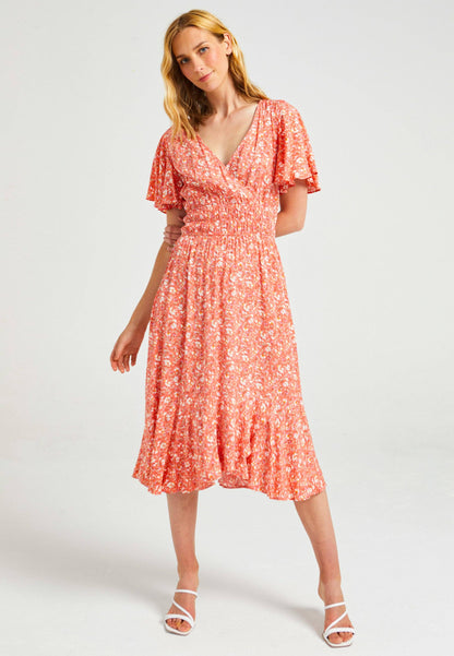 ANGELEYE - Flutter Sleeves Midi Dress With Elasticated Waist & Asymmetrical Hem: M