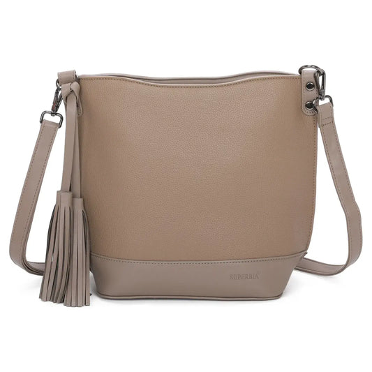 Medium Size Classic Shoulder Bag Cross Body Bag with Tassel: Taupe