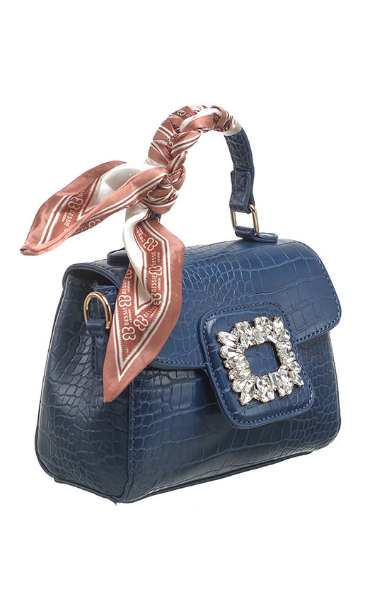 Bessie London - CROC PRINT DIAMOND FLAP OVER BAG WITH SCARF: NAVY