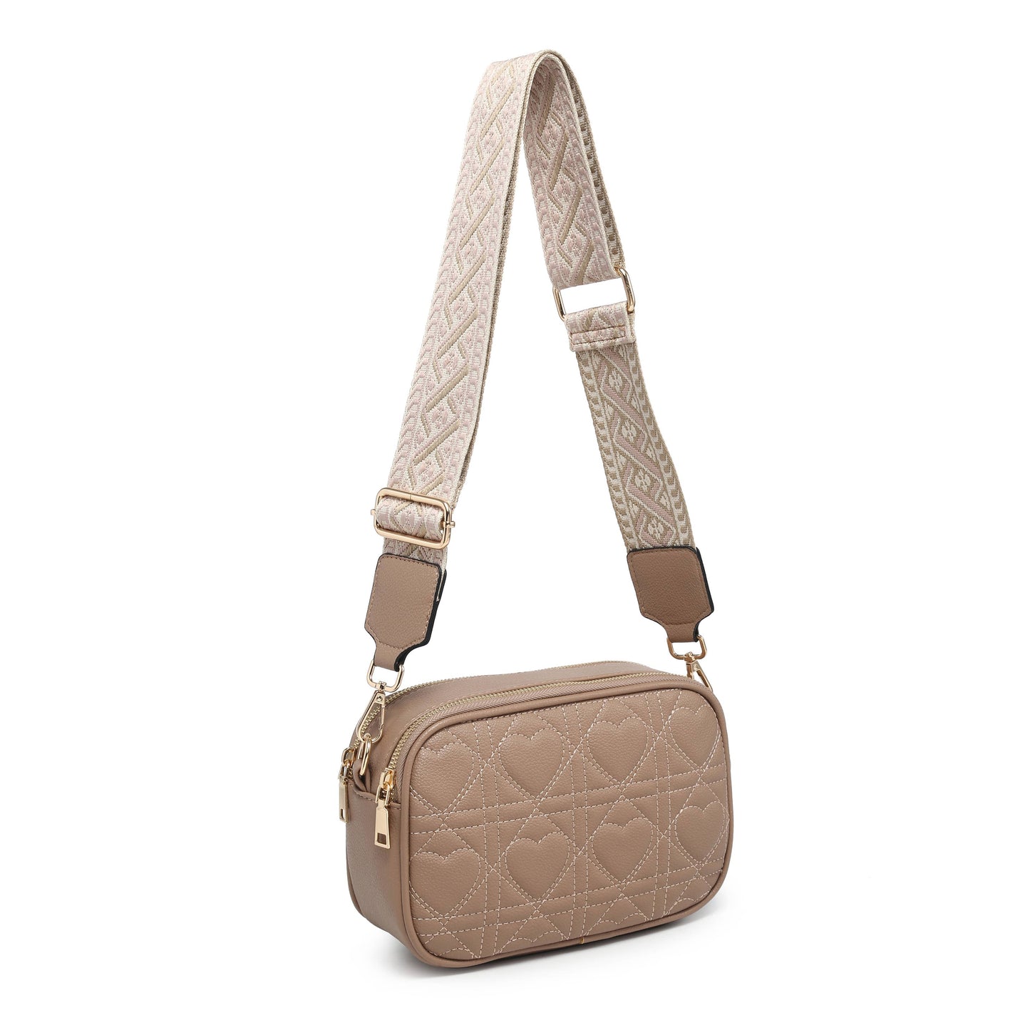 Quited Heart Pattern Double Sections Cross Body Bag: Beige