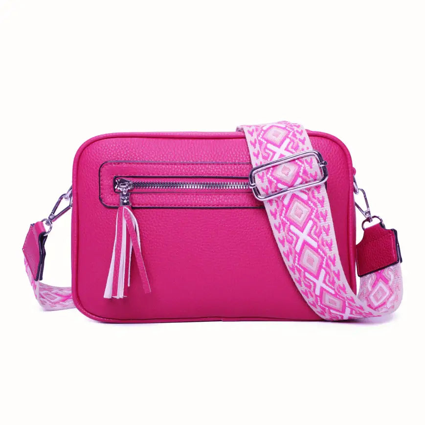 Strathurie - Ladies Fuchsia Crossbody Camera Style Box Bag 2 Zip 0623S