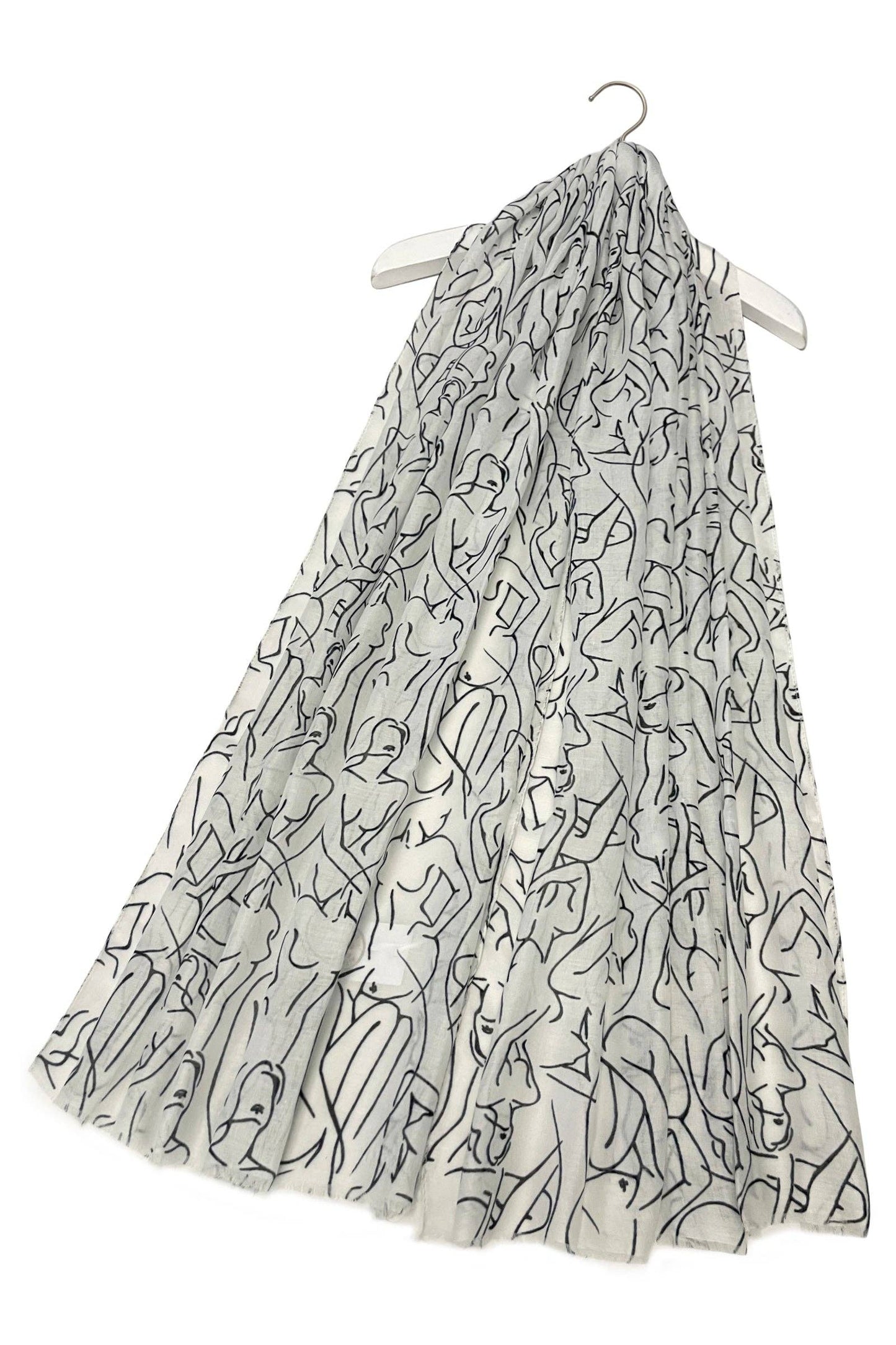 Fine Line Female Figure Art Print Frayed Scarf: White