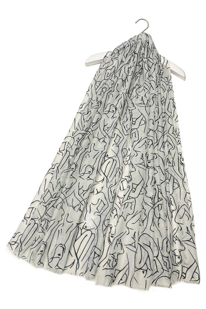 Fine Line Female Figure Art Print Frayed Scarf: White