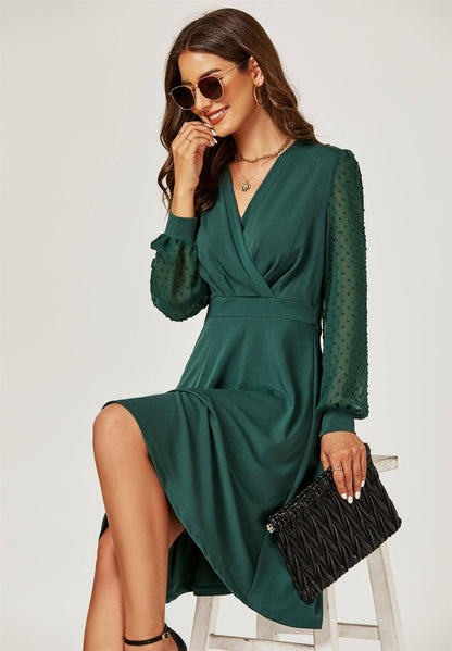 FS Collection - Long Chiffon Sleeve Pleated Midi Dress In Dark Green: L