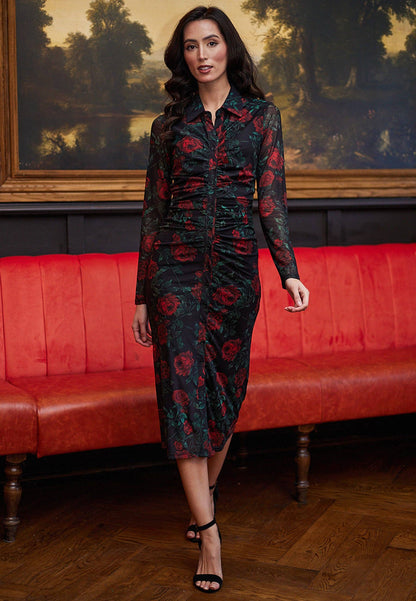 ANGELEYE - Black Bodycon Shirt Dress with Mesh Sleeves in Rose Print: L