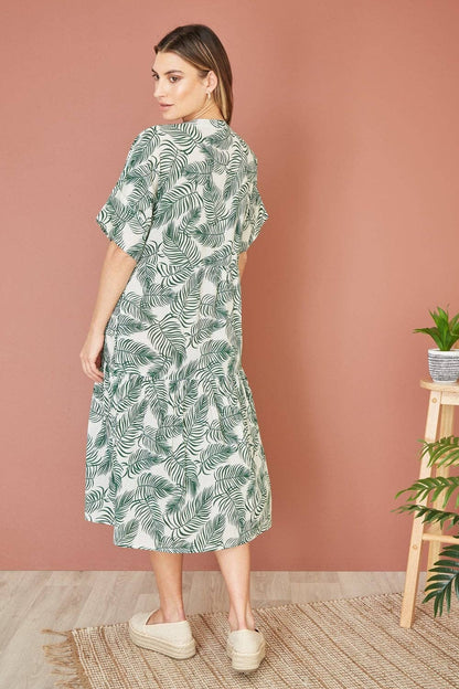Yumi - Yumi Green Organic Cotton Palm Print Tiered Tunic Dress: Green / 14 UK