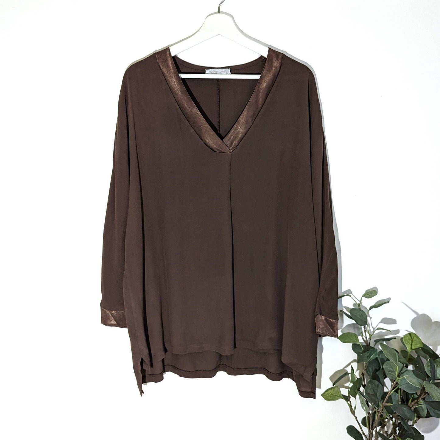 Tempest Designs - Classic v-neck long sleeve plain top with satin edge (M-L): TAN