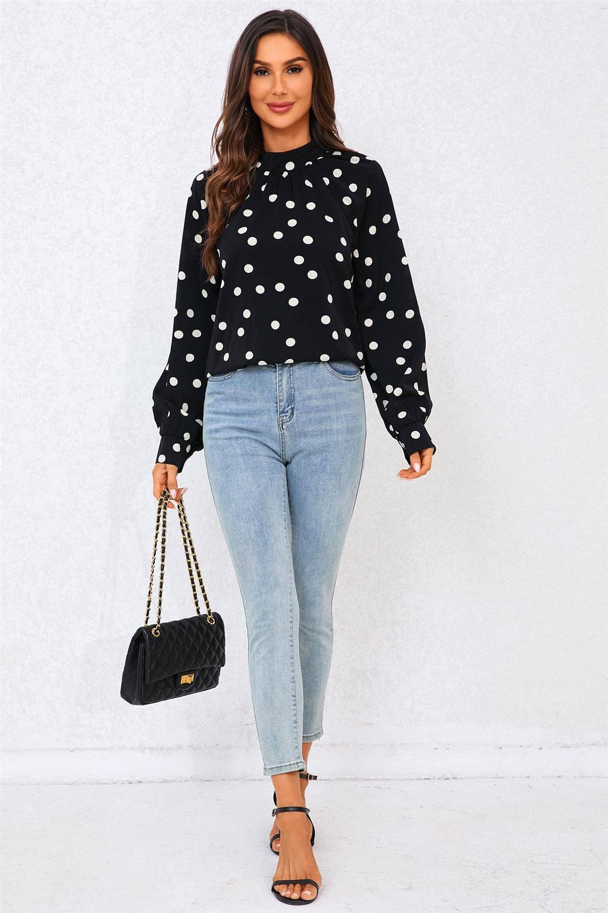 FS Collection - Black Dot Print Halter Neck Blouse Top In Black: Black / L