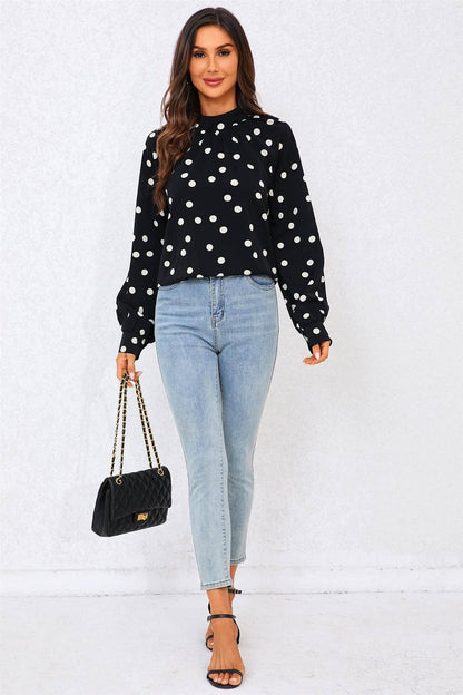 FS Collection - Black Dot Print Halter Neck Blouse Top In Black: Black / L