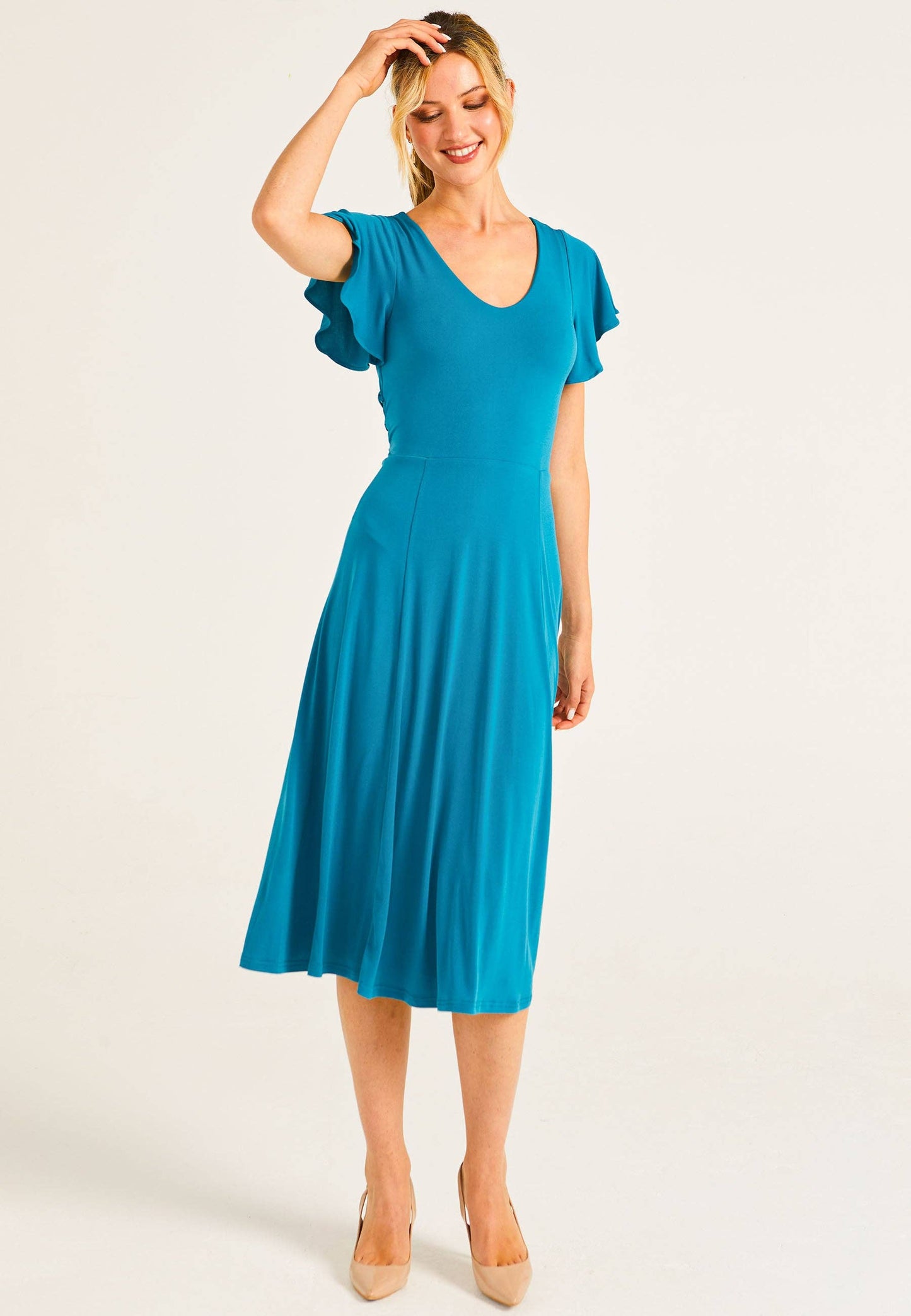 ANGELEYE - Reversible Midi Dress With Flutter Sleeves & Waist Tie In Teal: L