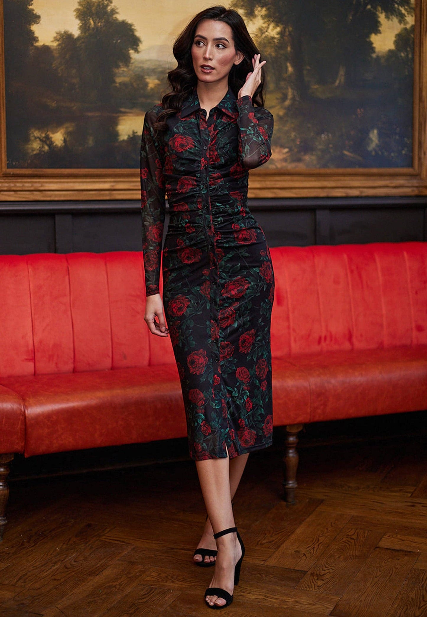 ANGELEYE - Black Bodycon Shirt Dress with Mesh Sleeves in Rose Print: M