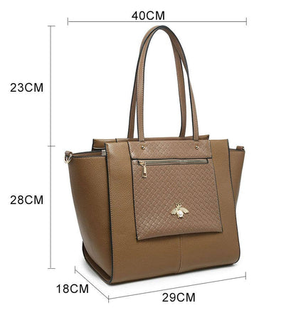 Bee Badge Zipped Pockets Top Zipped Tote Handbag: Brown