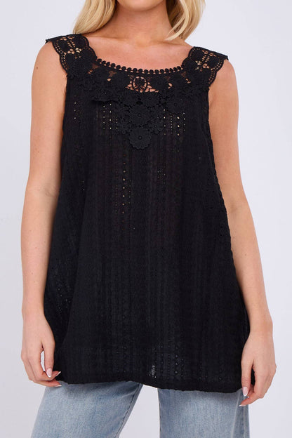 Embroidered Crochet Wide Lace Strap Vest Ladies Top: Sage / One Size To Fit UK 14 to 20