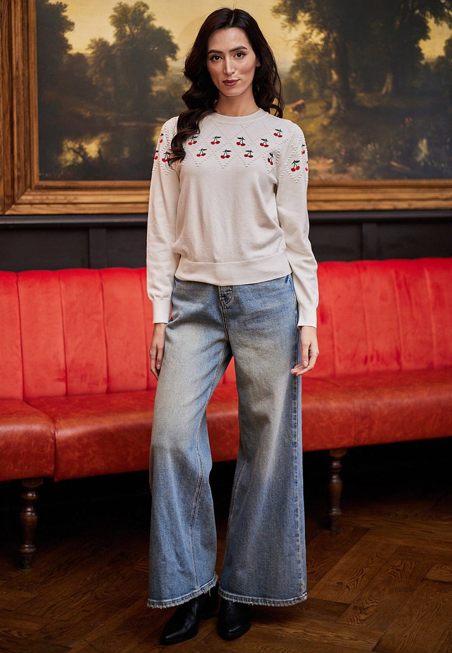 ANGELEYE - White Jumper With Cherry Embroidered Detail: M