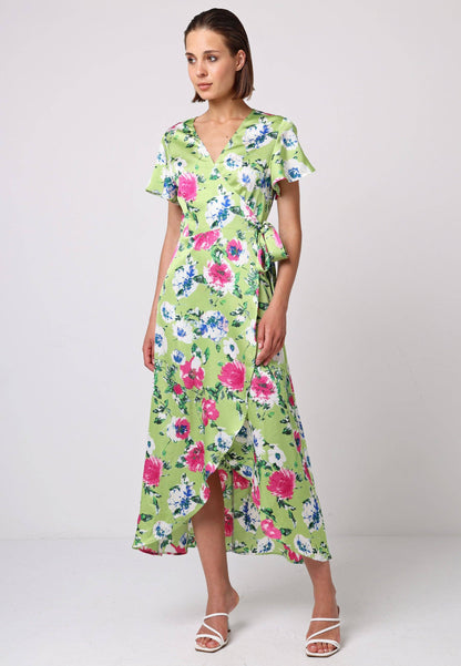 ANGELEYE - Angel Sleeve Tie Wrap Dress in Green Floral Print: L