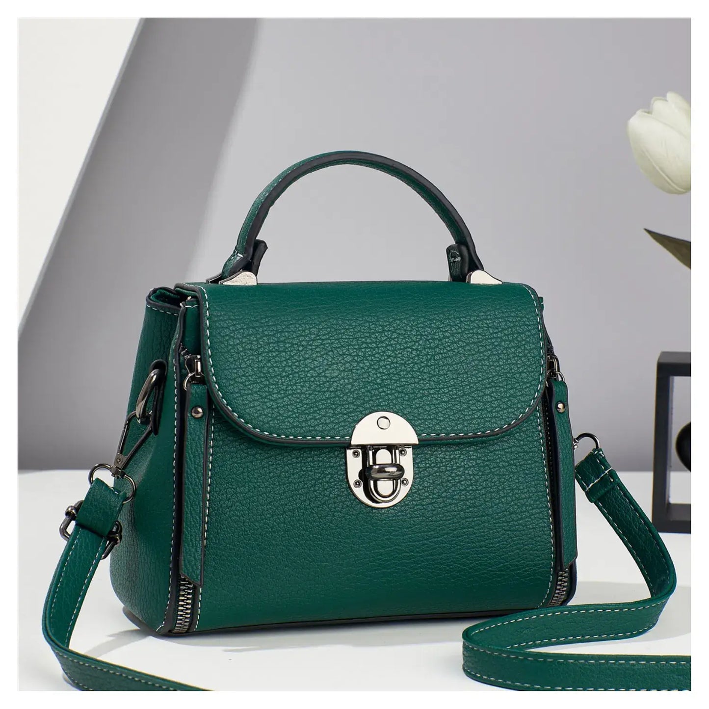 Small Front Clasp Open Top Handle Bag Shoulder Bag -MX47: White