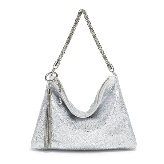 Soft Fringe Zip Top Clutch Bag: Silver