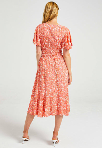 ANGELEYE - Flutter Sleeves Midi Dress With Elasticated Waist & Asymmetrical Hem: M
