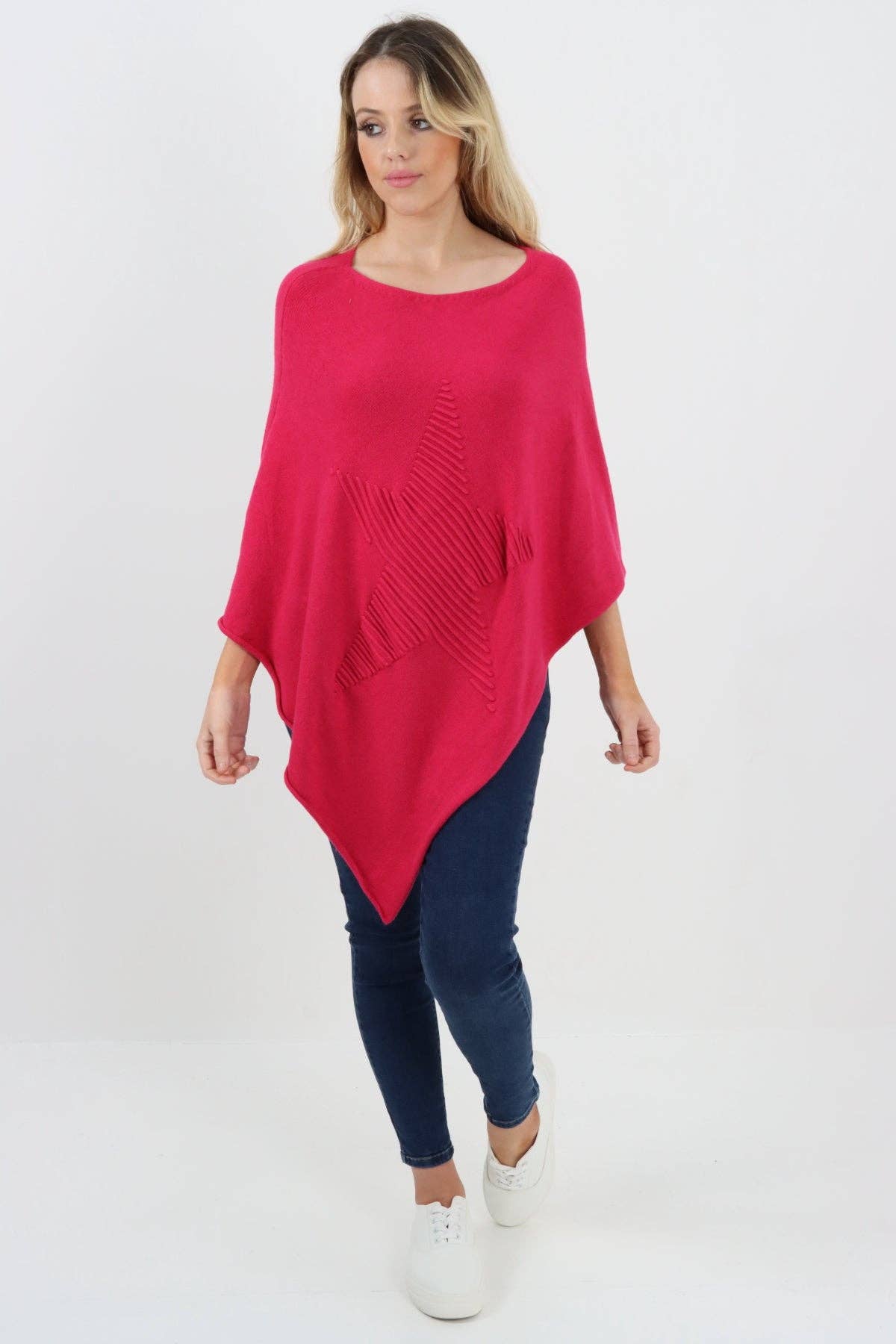 Italian Knitted Lagenlook Star Poncho: Beige / One Size To Fit UK 8-18