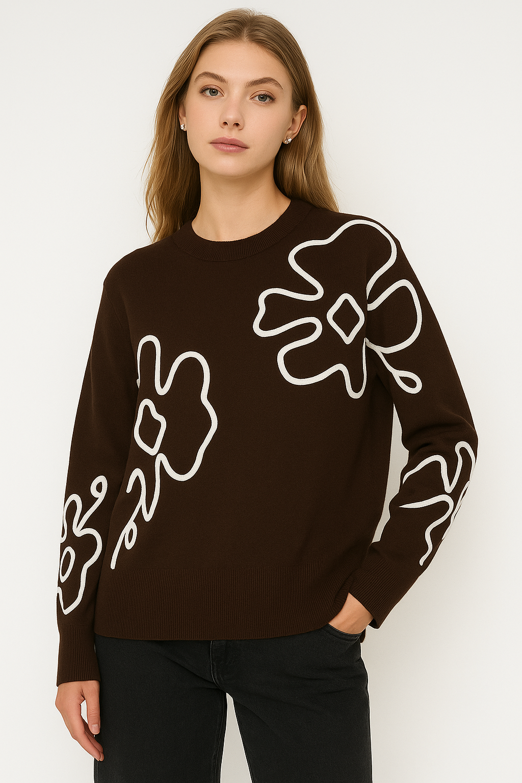 Lucy Sparks - SOFT KNIT JUMPER WITH CONTRASTING FLORAL LACE DESIGN: Coffee