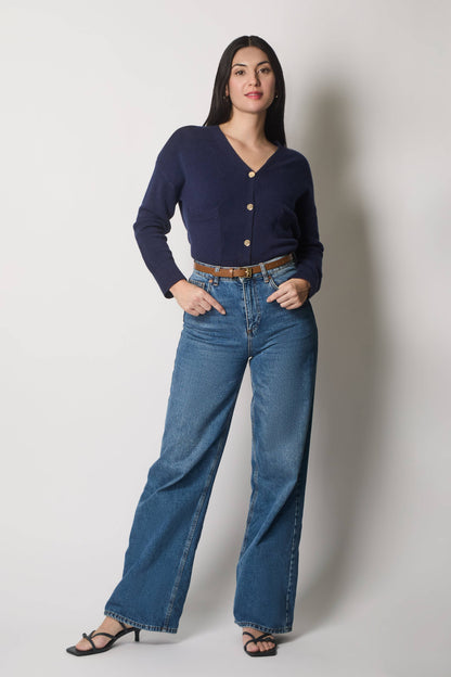 SOLO - V-Neck Buttoned Cardigan with Pockets - Navy: 12