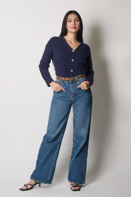 SOLO - V-Neck Buttoned Cardigan with Pockets - Navy: 10