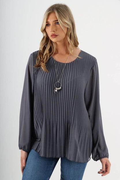 Plain Pleated Necklace Chiffon Top: Dark Grey / One Size To Fit UK 8-16