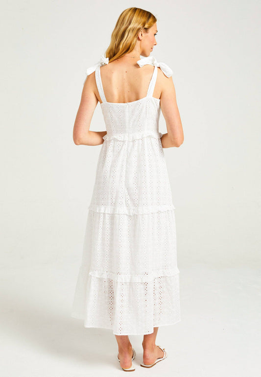 ANGELEYE - Strappy Tie White Maxi Broderie Tiered Dress: White / L