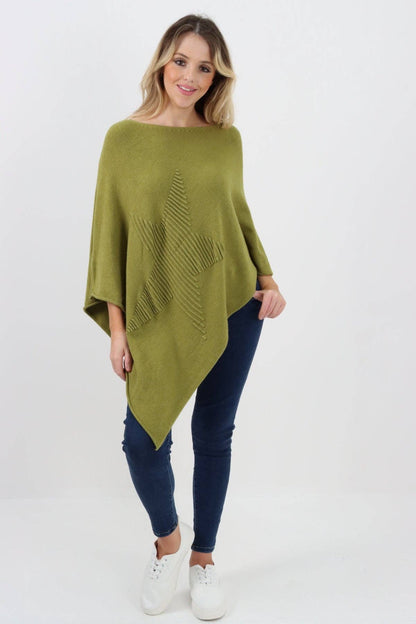 Italian Knitted Lagenlook Star Poncho: Beige / One Size To Fit UK 8-18