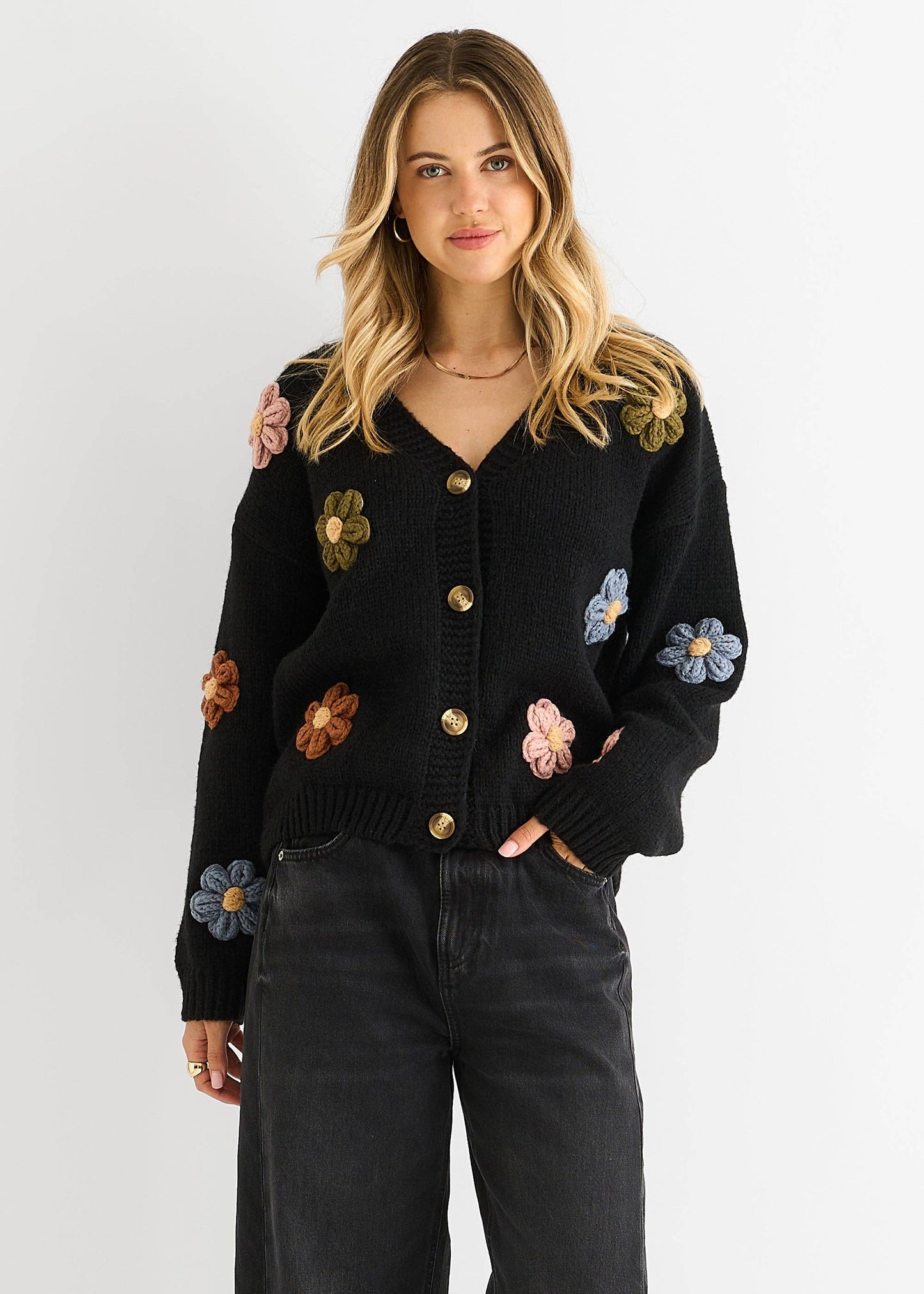GINI LONDON - Black 3D Contrast Flower Crochet Cardigan: L-XL