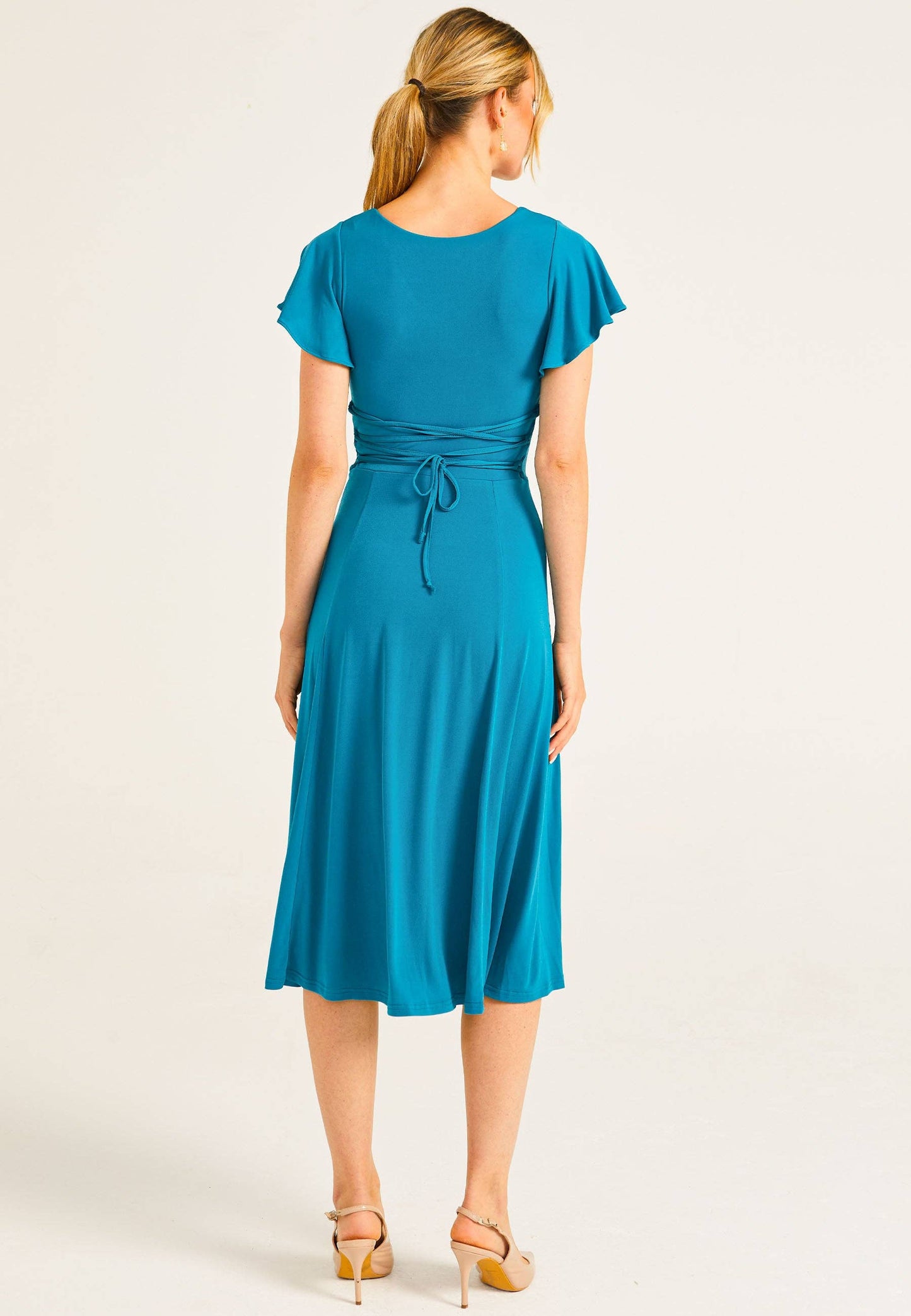 ANGELEYE - Reversible Midi Dress With Flutter Sleeves & Waist Tie In Teal: L