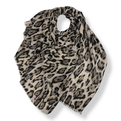 London Scarves - Classic leopard print scarf with golden flakes: Gray