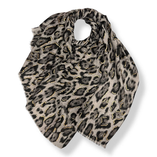 London Scarves - Classic leopard print scarf with golden flakes: Gray