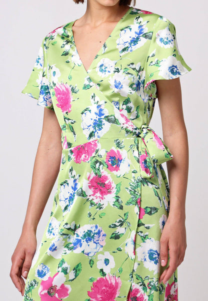 ANGELEYE - Angel Sleeve Tie Wrap Dress in Green Floral Print: L