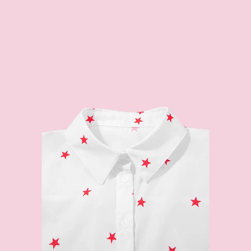 MUWATI - Little Stars Printed Loose Half Sleeve Loose Shirt: White / L