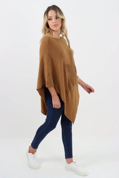 Italian Knitted Lagenlook Star Poncho: Camel / One Size To Fit UK 8-18