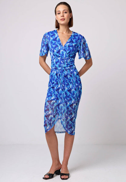 ANGELEYE - Angel Sleeve Wrap Fitted Mesh Midi Dress in Blue Print: L