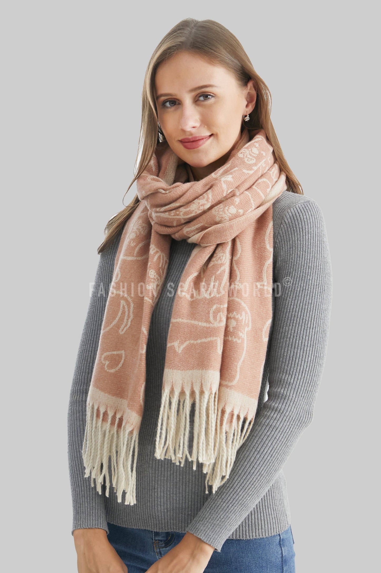 Fashion Scarf World - Cute Dog & Love Heart Reversible Print Tassel Scarf: Charcoal