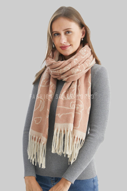 Fashion Scarf World - Cute Dog & Love Heart Reversible Print Tassel Scarf: Charcoal