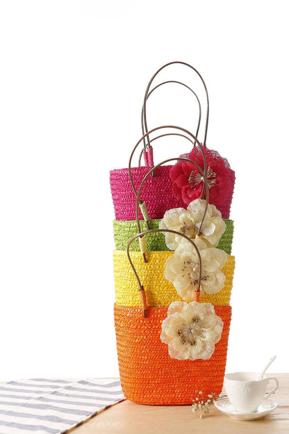 Superbia - Small Flower Bright Colors  Straw Basket Bag-Cl-27: Beige