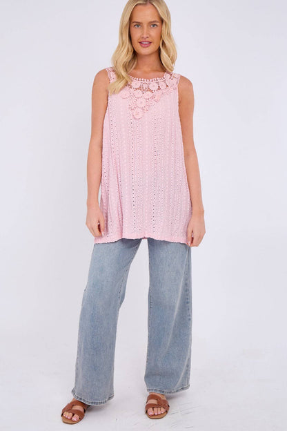 Embroidered Crochet Wide Lace Strap Vest Ladies Top: Sage / One Size To Fit UK 14 to 20