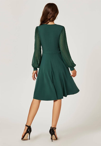 FS Collection - Long Chiffon Sleeve Pleated Midi Dress In Dark Green: L