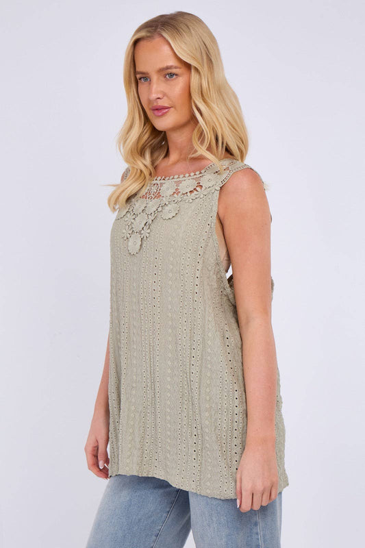 Embroidered Crochet Wide Lace Strap Vest Ladies Top: Sage / One Size To Fit UK 14 to 20